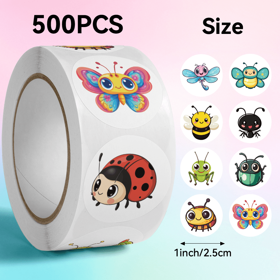 TEMU 500 autocollants/rouleau à motif d'insectes mignons, adaptés pour décorer , téléphones, tablettes, bouteilles d'eau, etc., comme étiquettes de ,