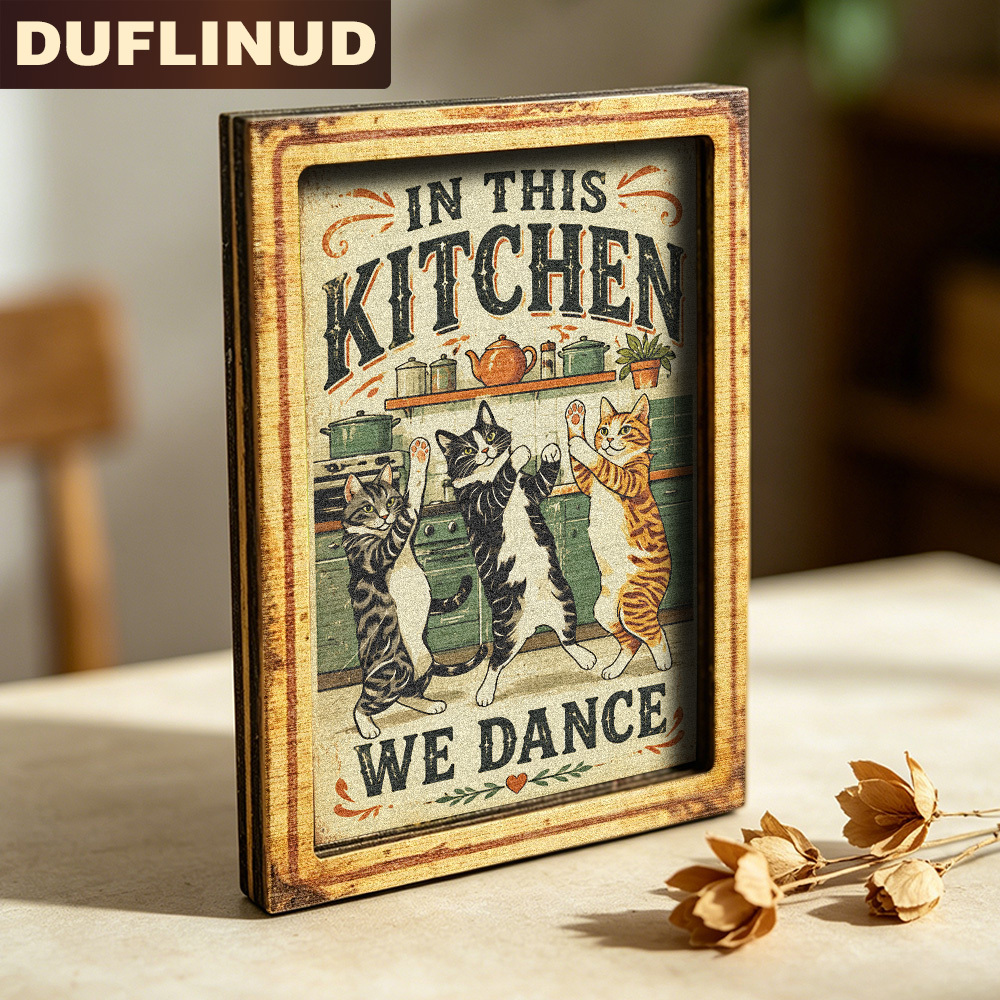 TEMU Dancing Cat Refrigerator Magnet, Mini Decorative Plate With 3 Cute Cats Dancing , Retro Style Wooden Fridge Magnet, Door Decor, Home Ornament,