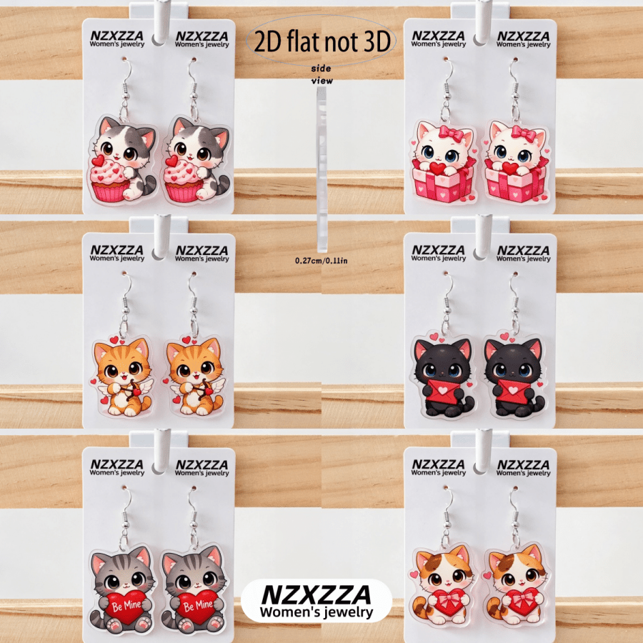 6 Pairs Cute Cat Dangle Earrings Set