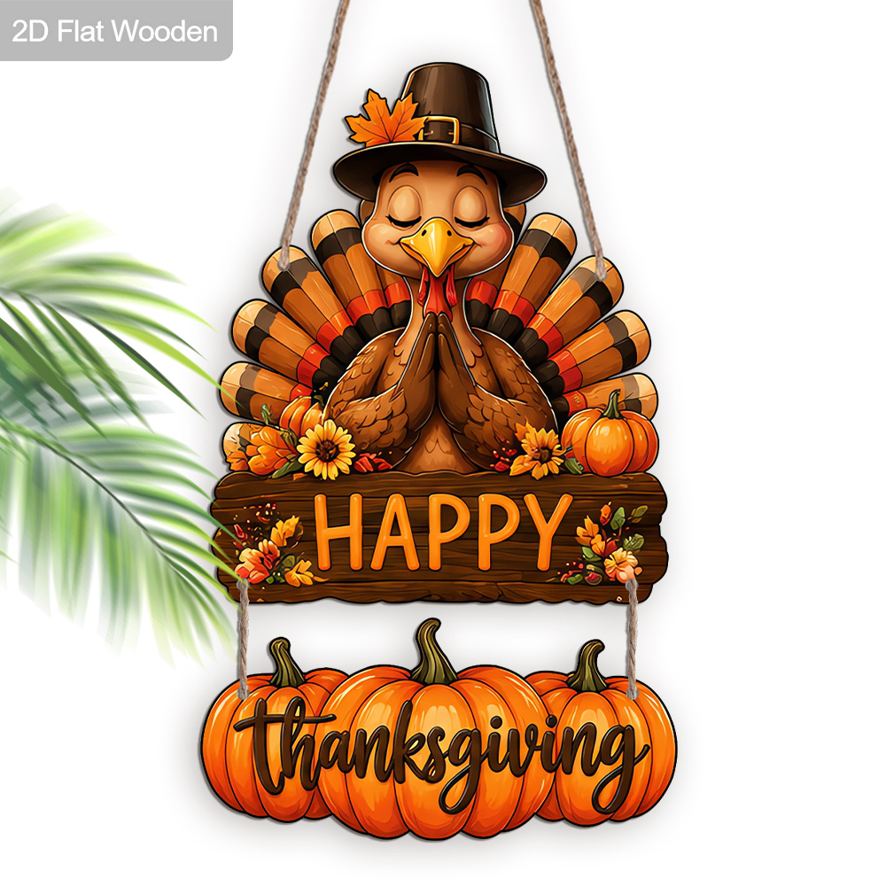 TEMU 2d Flat, 1 Set Happy Thanksgiving Praying Turkey Wooden Hanging Plaque, Cute Praying Turkey Wooden Hanging Sign, Thanksgiving Party Decoration,