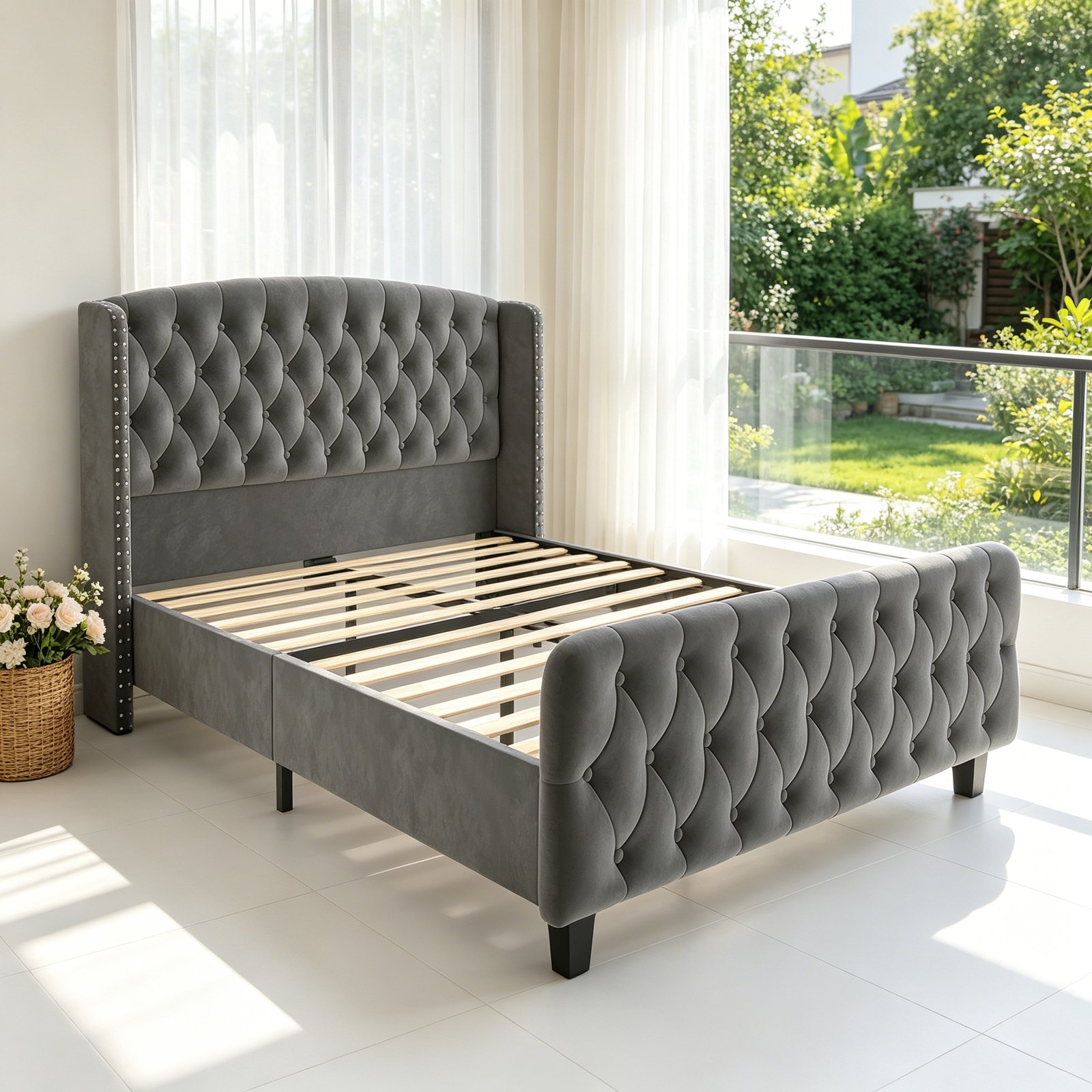 Modern Queen Platform Bed Frame with Wingback Headboard - Cream Beige Suede Upholstery, Deep Button Tufted, Sturdy Slats & Noise-Free Base, No Box Spring Required, Easy Assembly Suitable for Luxury Bedroom Furniture