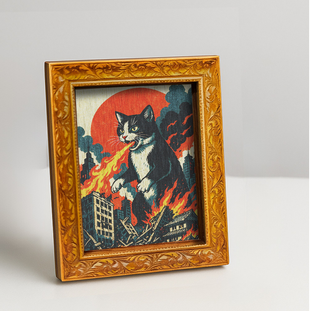 TEMU 1pc Enormous Cat Wooden Refrigerator Magnet | Decorative Painting, Black And White Cat Spitting Fire Destroying City, Home Decor, Holiday Gift, Kitchen Accessory, Fully Magnetic Back