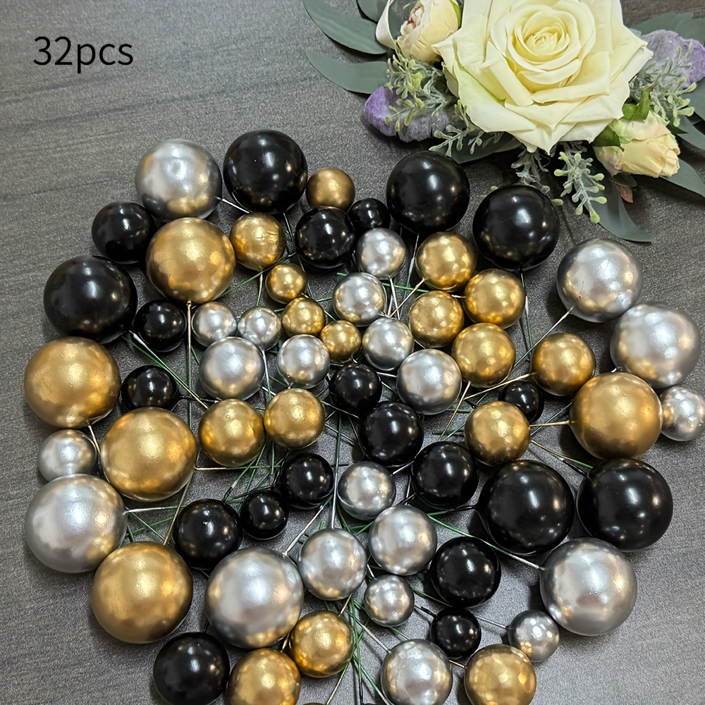 Image of 21/32/40pcs Black Plastic Ball Cake Topper Set, Premium All- Scheme, Covers All-year Celebrations, Perfect For Birthday Parties, Anniversary Celebrations, Halloween And Christmas Themed Parties