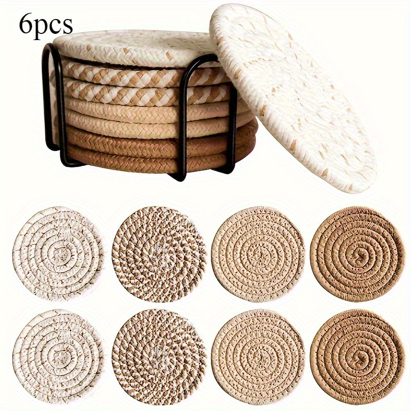 TEMU Set Of 6 Absorbent Coasters With A Holder, Featuring A Simple Woven Design, Made Of High-quality With A Non-woven Backing, Suitable For