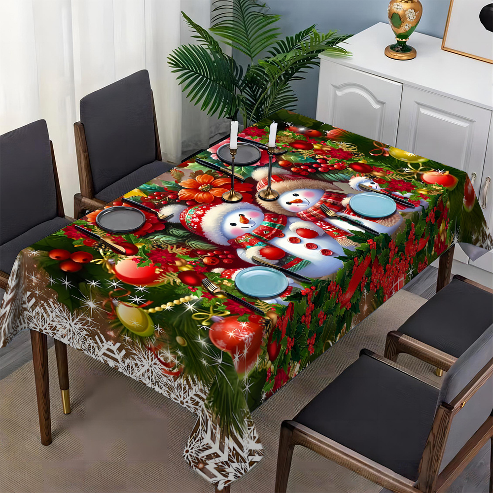 TEMU Christmas Snowman Tablecloth, /rectangular, , Polyester, Machine Woven, , , Camping, , For Table, Use