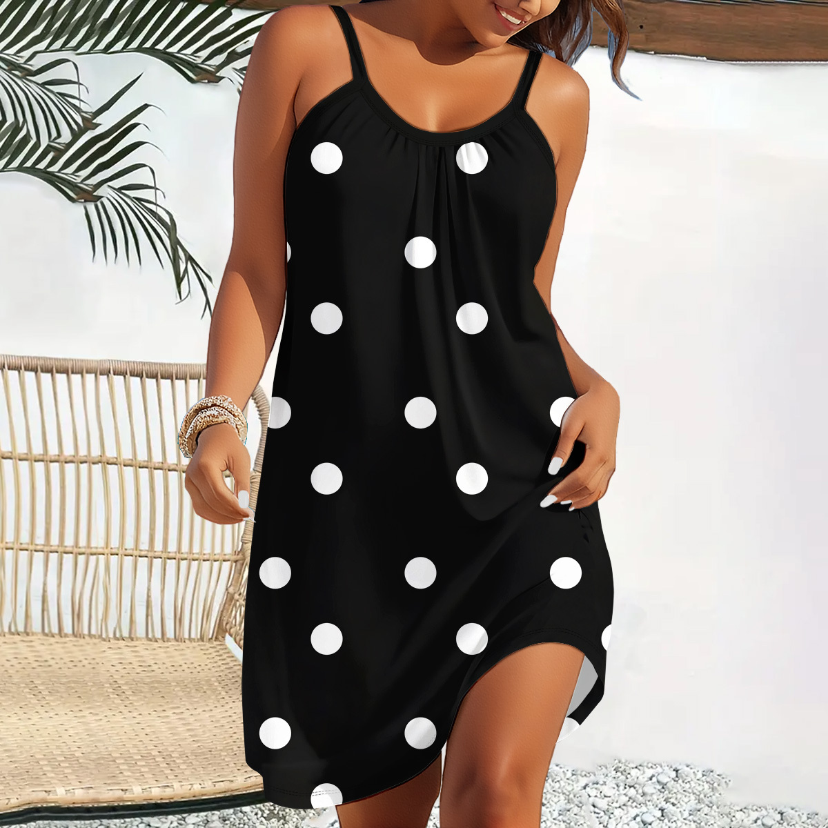 

1pc Elegant Polka Sleeveless Beach Dress For Women, Knit Fabric, Loose Fit, Knee-length, No Belt Or Chest Pad, Regular Sleeve Style