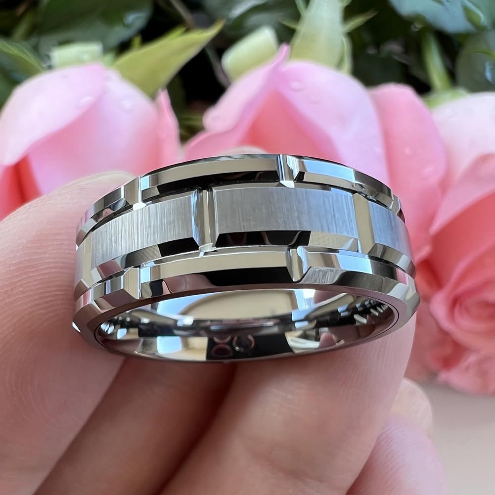 E-shop modischer Ring aus 304 Edelstahl für Herren Damen, Versprechen-Verlobungsring, Ehering, Ziegelmuster, gebürstete Mitte, bequeme Passform