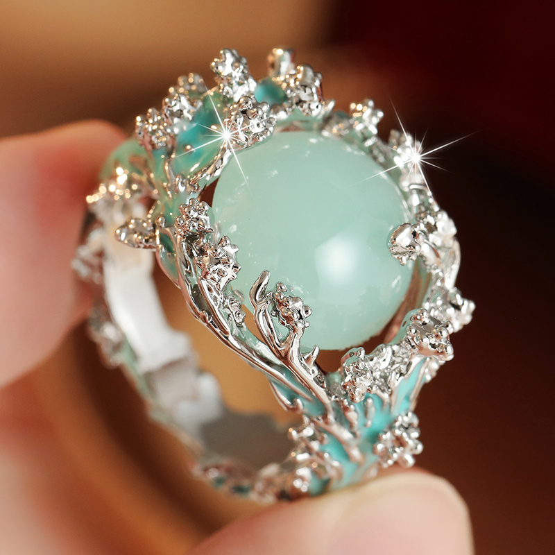 Women's Elegant Blue Glazed Coral Branch Ring with Green Bead