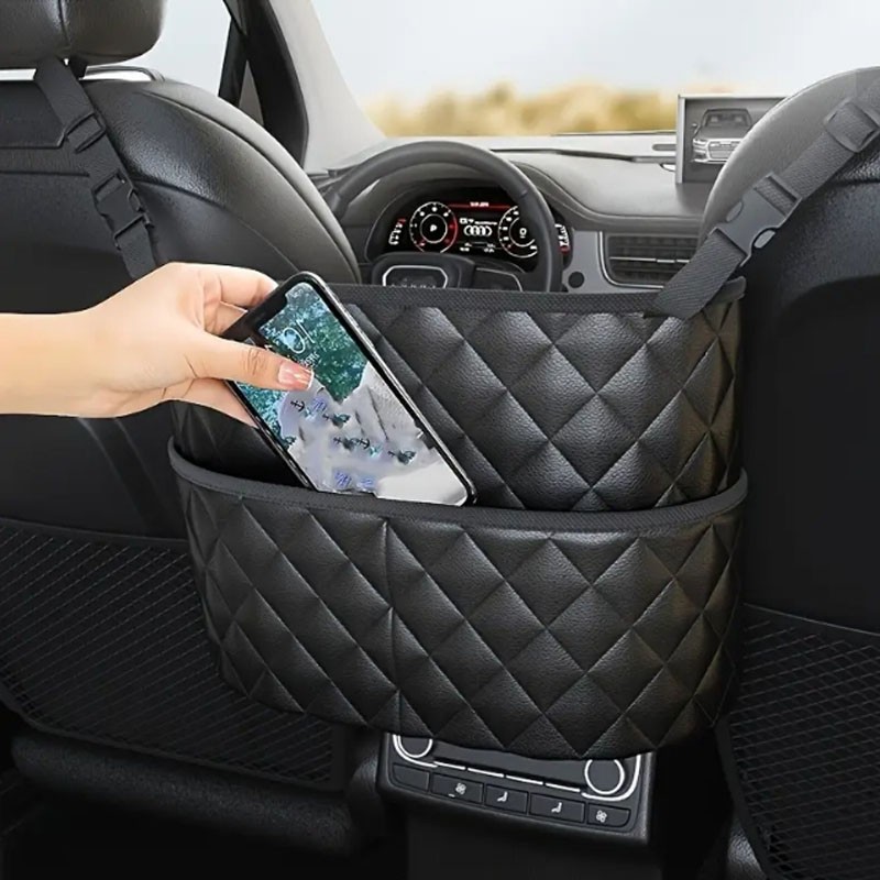 TEMU Large Capacity Car Seat Back Organizer Durable Pu Leather Storage Mesh Bag With Hanging Mount, Lightweight Auto Interior Accessory Organizer