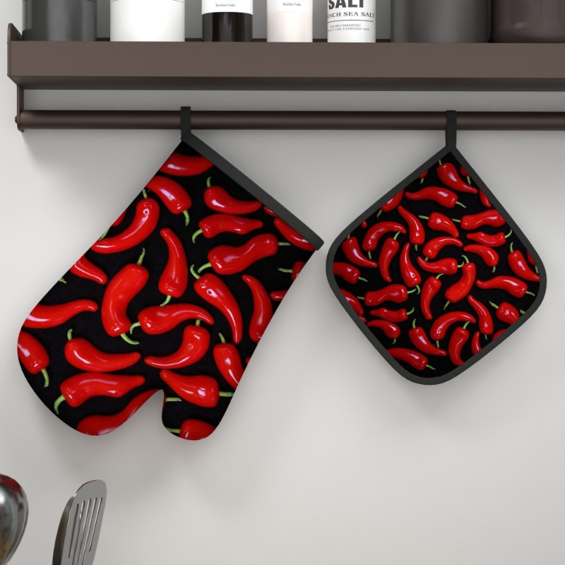 

2pcs Set Red Peppers Oven Mitts & Pot Holders - 10.6x6.7" Heat Resistant, Machine Washable Kitchen Gloves For Grilling, Baking, And Microwave Use