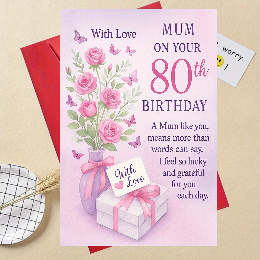TEMU 1pc Elegant Floral 80th Birthday Card For Mum , Pink Roses & Butterflies Design, Celebrating Mum’ Day, Thoughtful Gift For Her, Lovely Birthday TEMU 1pc Elegant Floral 80th Birthday Card For Mum , Pink Roses & Butterflies Design, Celebrating Mum’ Day, Thoughtful Gift For Her, Lovely Birthday