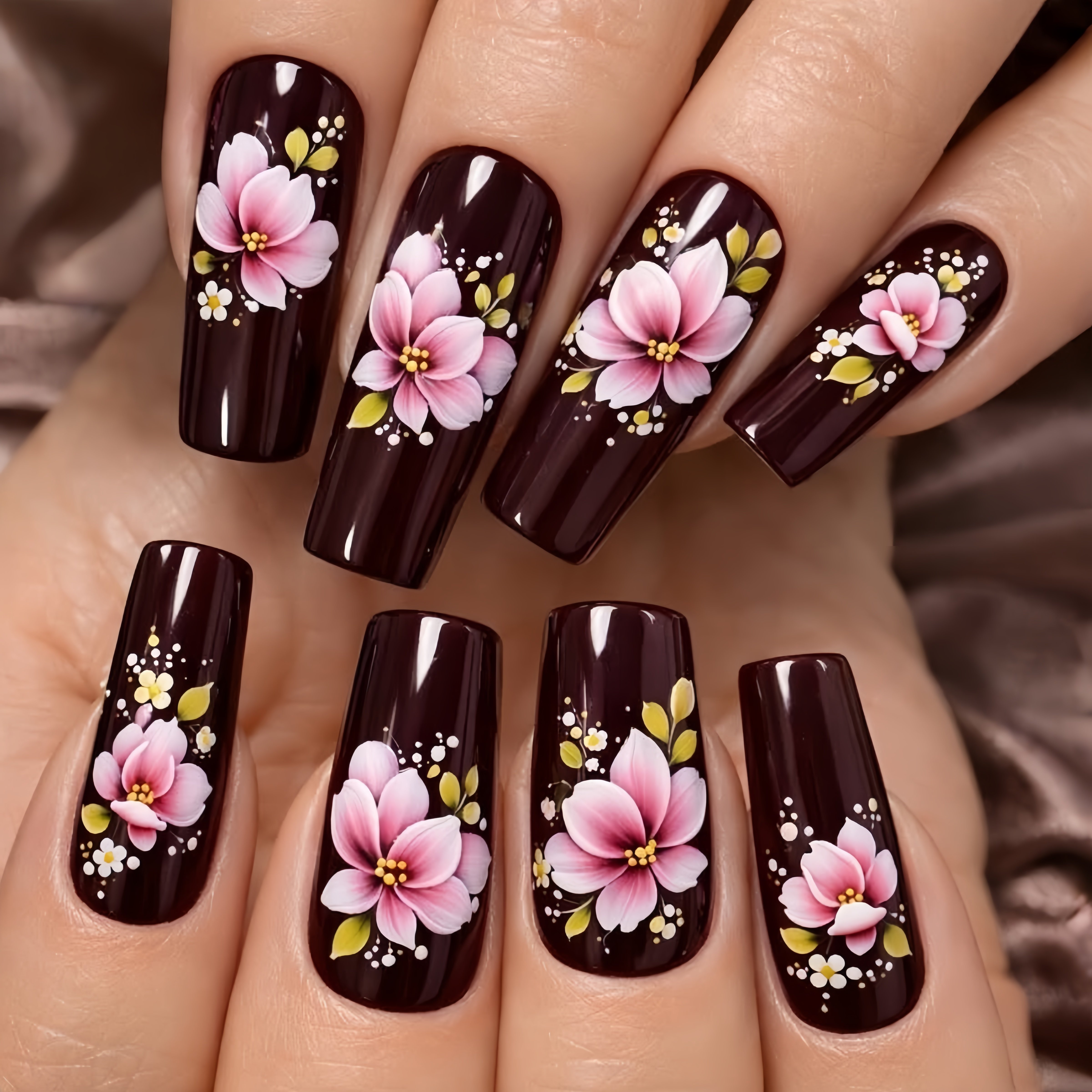 TEMU 24pcs d'ongles à coller rouges vin à dégradé rose avec fleurs, longs, carrée européenne, adaptés aux femmes, manucure réutilisable, faux ongles