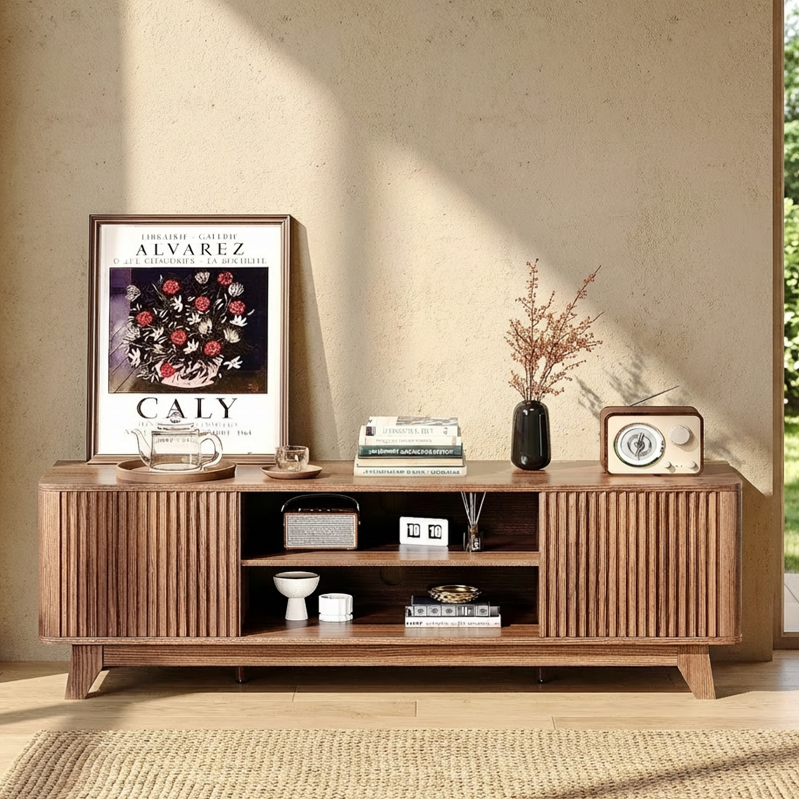 TEMU Modern Fluted Tv Stand With Storage Shelves, 149cm Mid-century Entertainment Center Console Table For Living Room, Solid Wood In Oak/walnut,