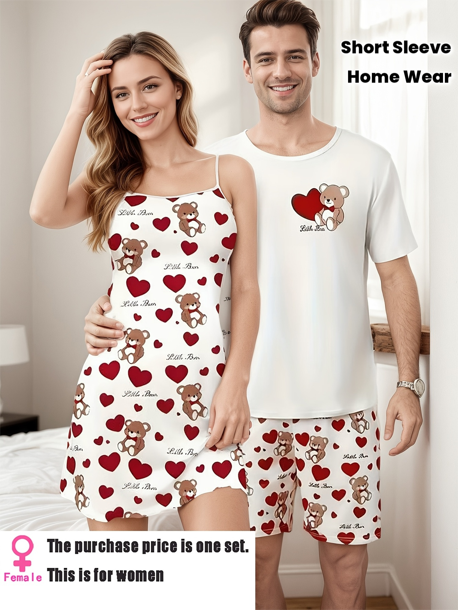Valentine's Day Themed Comfortable and Romantic Couple's Loungewear, Printed Crew Neck Top+ Shorts, Women's Dress, Casual and Comfortable Pajamas, Seasonal Loungewear, High-quality Pajamas.
