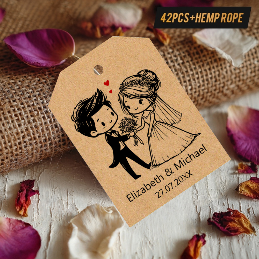 TEMU Etiquetas personalizadas de 42 piezas de papel con temática de boda y de , texto personalizable, diseño de de dibujos animados, adecuadas para