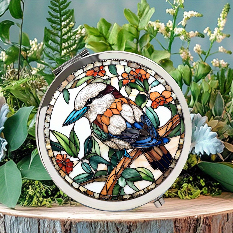 TEMU A Vintage-style 2d Flat Print Makeup Mirror Showcasing A Colorful Stained Of A White-bellied Amidst Greenery, Ideal For Wedding Gifts