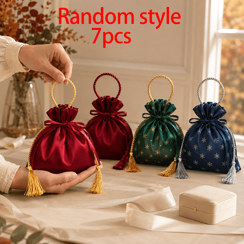 TEMU 7pcs Random Style 6.3in Drawstring Gift Bags With Tassels, Reusable Polyester Gift Pouches, Christmas Gift Bags And Halloween Gift Bags For Gift