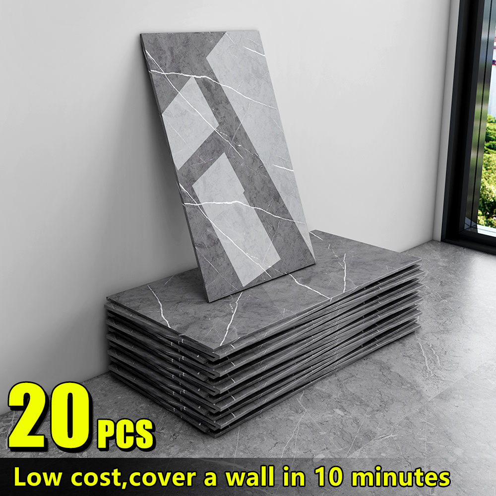 TEMU 20-pack Self-adhesive Marble Wall Panels Set -oversized White And Grey/black Marble Sheets, Peel And Stick Removable Vinyl Planks, Bathroom,
