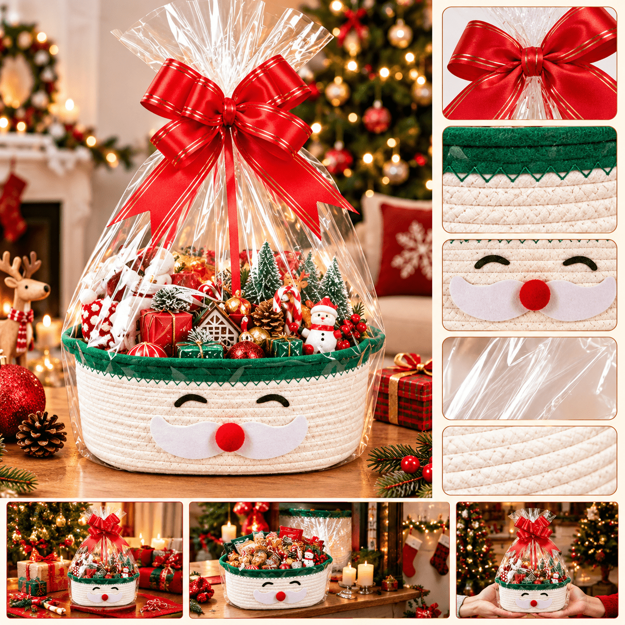 TEMU 3pcs Christmas Storage Baskets, Santa Claus And Snowman Holiday Gift Baskets With Gift Bags And Ribbons, Christmas Organizer Bins For, Candy,