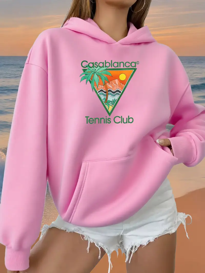 Pink Women'S Pastel Hoodie - Casablanca Tennis Club Graphic Sweatshirt