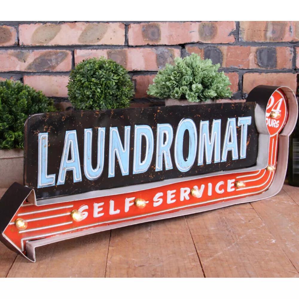 

Vintage Led Light Metal Hanging Sign, Laundry Shop Art Wall Decoration, Multipurpose English Language