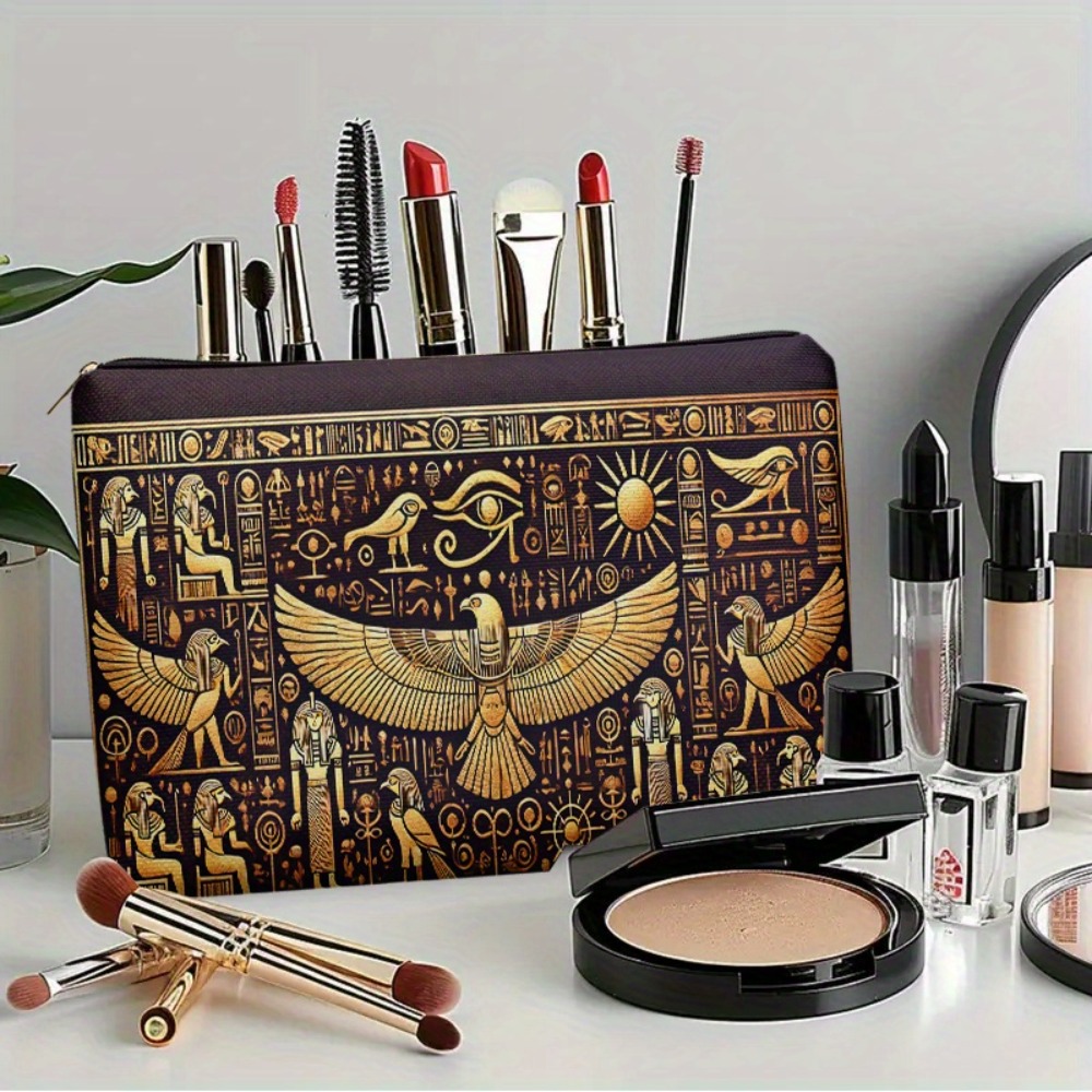TEMU 1pc Ancient Egyptian Mythological Totem, Lightweight Zippered Fashionable Design Double-sided Makeup Bag, Suitable For Travel And Daily Use