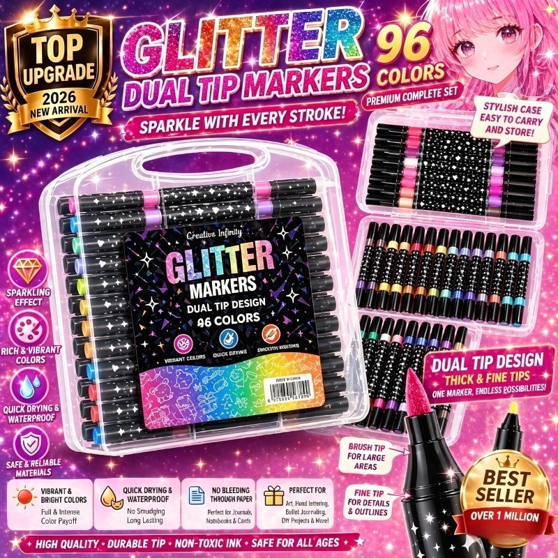 96 Colors Professional Dual Tip Glitter Pens Set Professional for art Supplies, Quick Drying Shimmer Markers   Tip for  , Cards, Diary And Sketching, for art Marker Kit for Artists And Creative Use