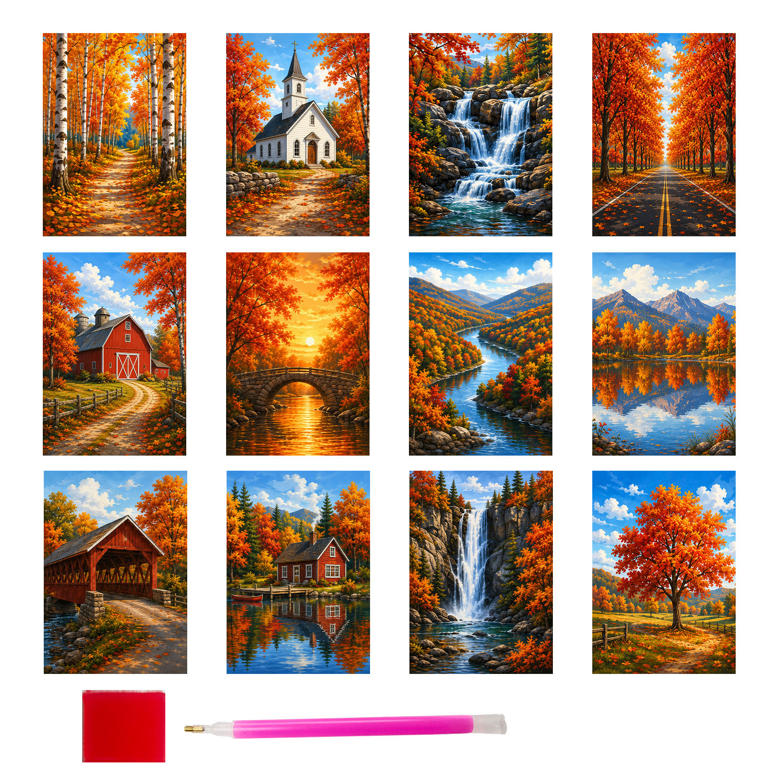 TEMU 12pcs 5d Autumn Country Landscape Square Drill Diamond Painting Kit For Adult Beginners - 12x17cm/4.72x6.69in Canvas, Assorted Nature Scenery