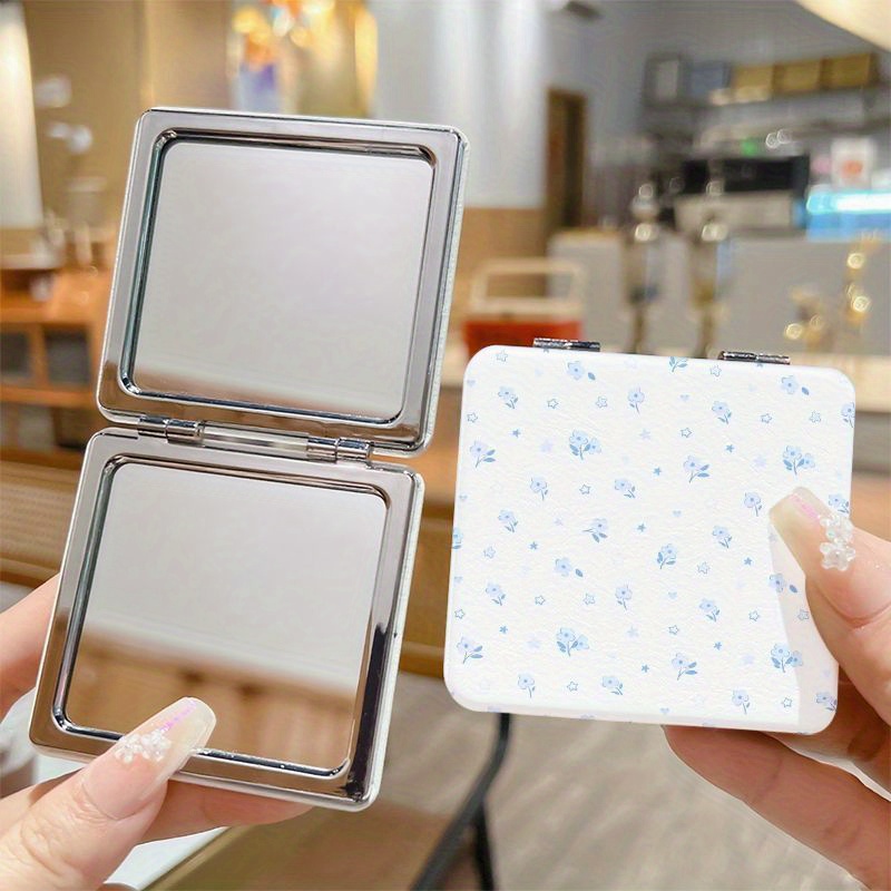 Light Blue Mini Floral Portable Hand Mirror