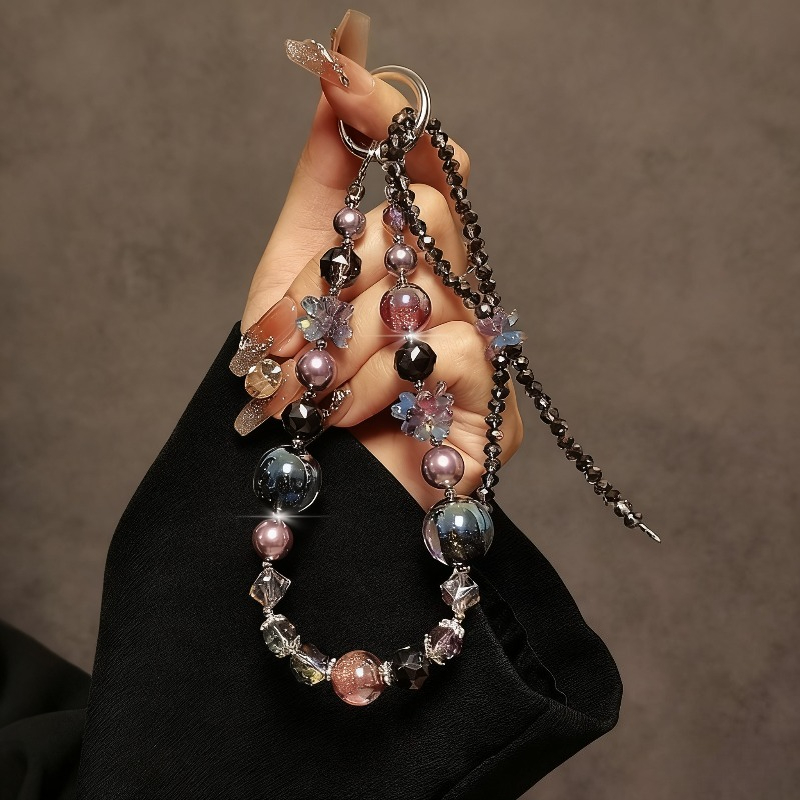 Image of Luxurious And Premium Amethyst Beaded Wristlet Strap With Short Lanyard For Phone Cases, Car Keychains, And Bag Charms