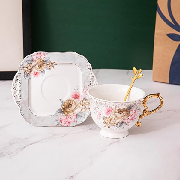 vintage british floral coffee cup and saucer set with   - elegant floral teacup,  , black interior - 7oz tea cup for home, office, or gift - durable porcelain construction - ideal for coffee, tea,   - elegant tableware for special occasions, home dining,  , premium  , stylish drinkware,  , office workers Product details 5