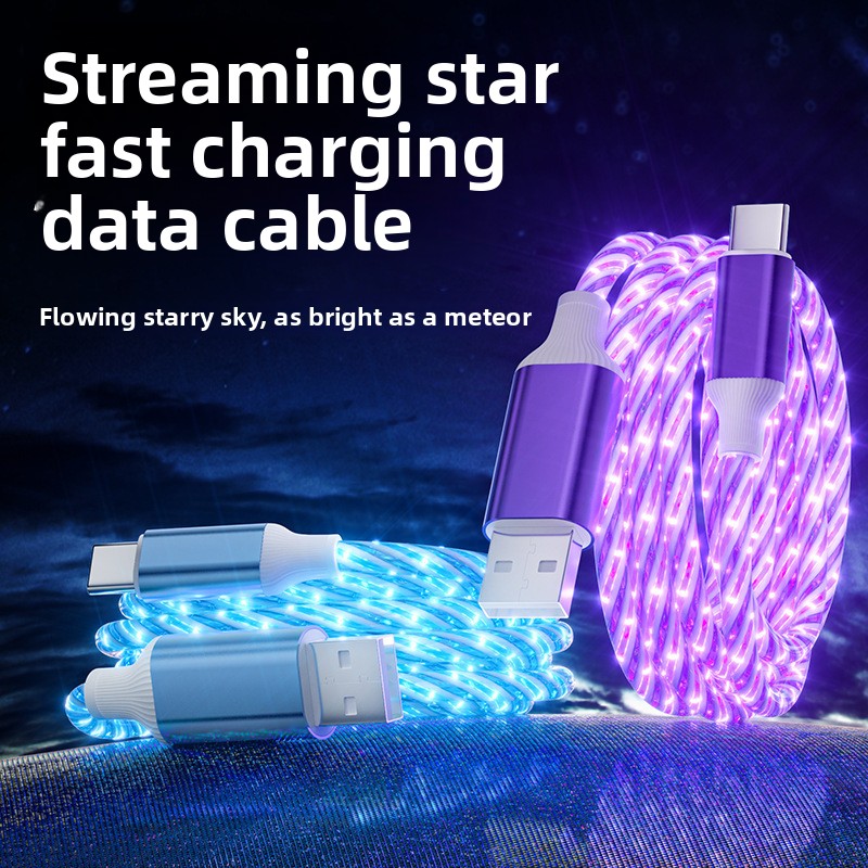 TEMU 2pcs New Starry Ultra-fast Charging Data Cable, Meteor Luminous Charging, Vivid And Smooth Led Data Cable-usb-c To Usb, Suitable For Huawei,