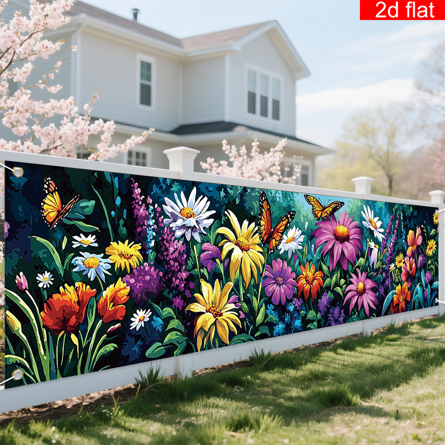 TEMU Bannière plate 2D - 2D Plat - 2D Plat - 2D Plat - 1pc Bannière plate 2D | Bannière de fête pour jardin de printemps, Polyester, Thème de paysage