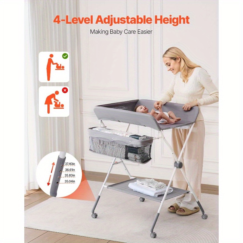 VEVOR Foldable Baby Changing Diaper Station with Wheels & Side Basket - Portable Light Gray Changing Table, No Assembly Required, Compact Storage Organizer for Nursery, Travel, Home Use, Diaper Bag, Playful Design, Easy Storage Design