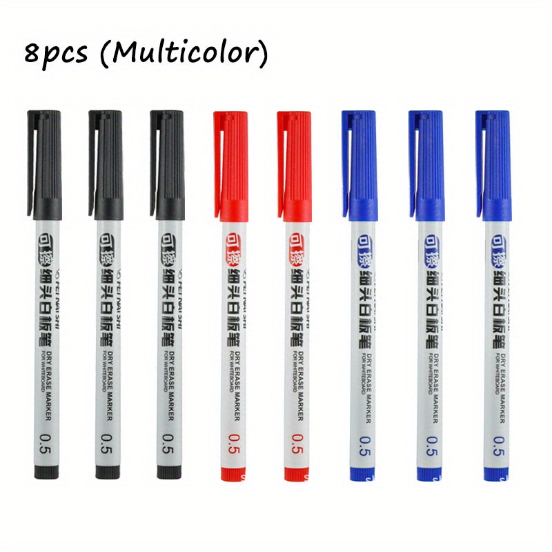 8pcs Ultra Fine 0.5mm Erasable Whiteboard Pen, Dry Erase Marker, Black, Blue, Red White Board Markers, For Notes Drawing Marking Wiped Easy To Clean