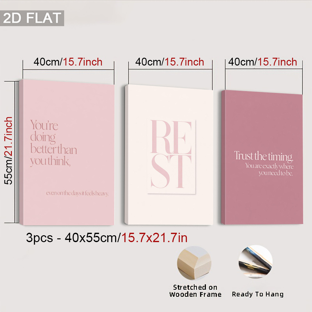 TEMU 2d Flat, 2d Flat Set Of 3 Framed Art Prints Poster, Soft Pink Canvas Painting, Inspirational Quote Wall Decor, Calm Vibes Wall Arts, Modern Wall