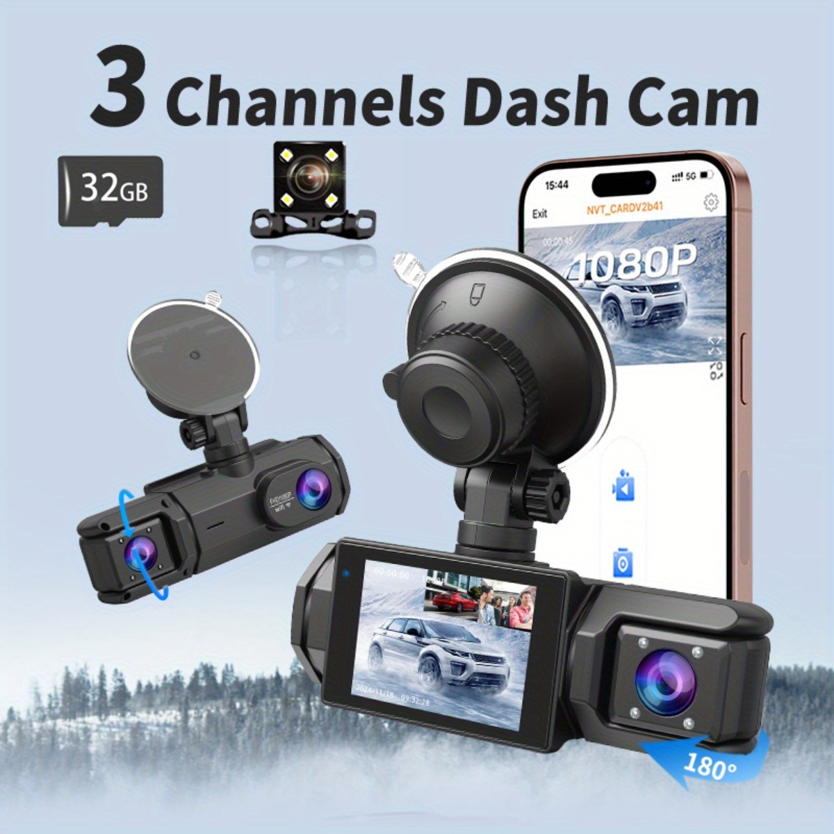   dashcam 3 channel recording 1080p full hd dash camera for car included 32gb card front inner rear camera built in wi fi   ips screen 170 wide angle wdr night   24h parking mode car accessories
