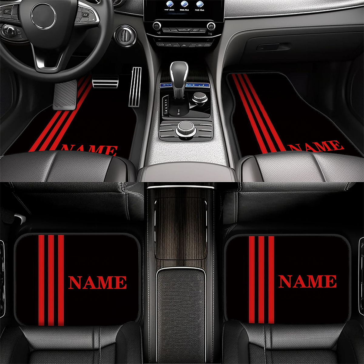 TEMU 4pcs Customizable Car Floor Mats Feature Your Name And A Personalized With, Red Stripes Pattern. Make A Perfect Gift For New Year's And