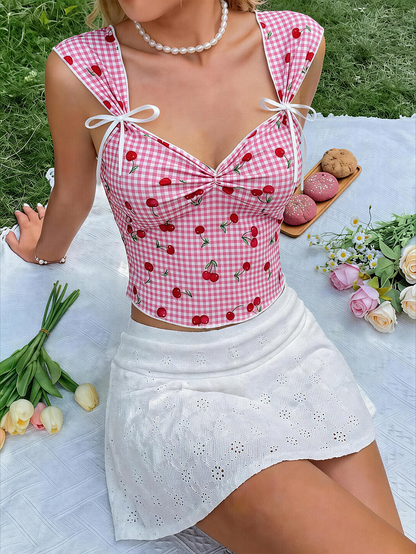 cherry print crop top sold on Temu Canada