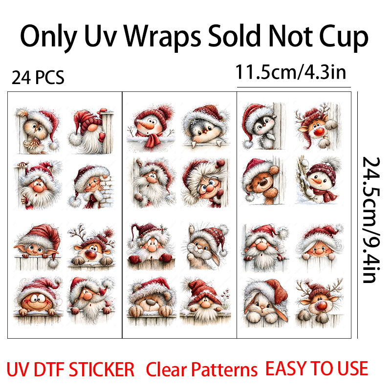 TEMU Noël 24pcs Animaux Espionnant de Noël, , Thème de Père Noël Autocollants de Transfert UV - Convient pour l'artisanat, les tasses et d'eau,