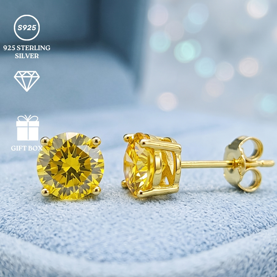 Women's 0.5/1/2/3 Carat 925 Silver Elegant Yellow Synthetic Zirconia Stud Earrings