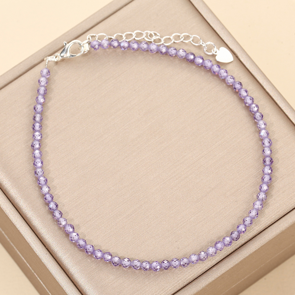 TEMU 1pc Light Purple 3mm Zirconia Anklet, With 5cm Extension Tail Chain, Silvery Heart Charm Dainty Beaded Foot Jewelry For Women Summer Beach Daily