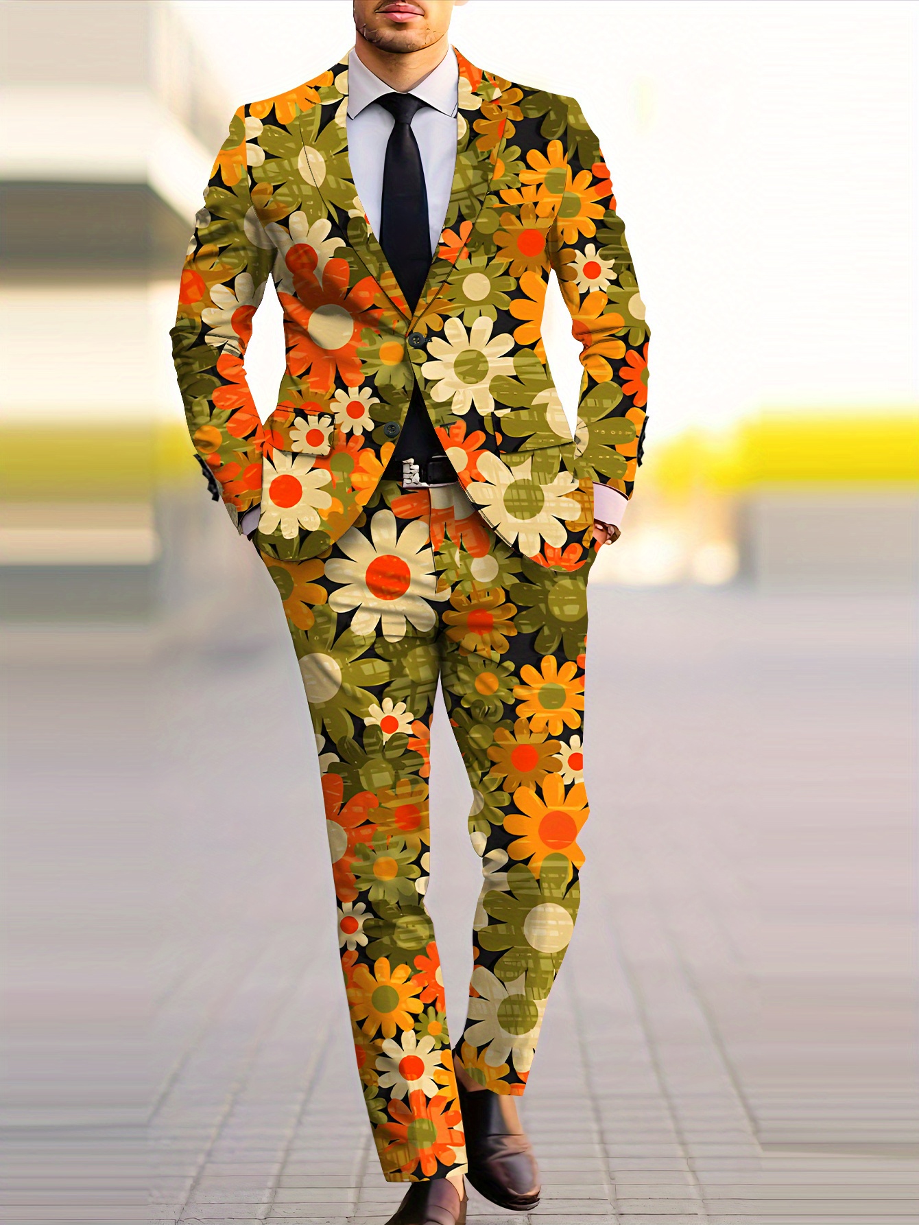 mens floral print suit elegant orange   casual   and pants set long sleeve polyester no ironing required skinny fit casual attire floral print jacket polyester fabric multicolor 0