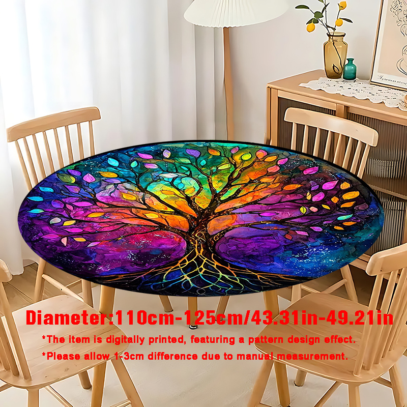 TEMU 1pc Tree Of Life Theme Printed Round Elastic Tablecloth - Holiday Gift, Indoor/outdoor Use For Bbq, Picnic, Party, Kitchen & Room Decoration