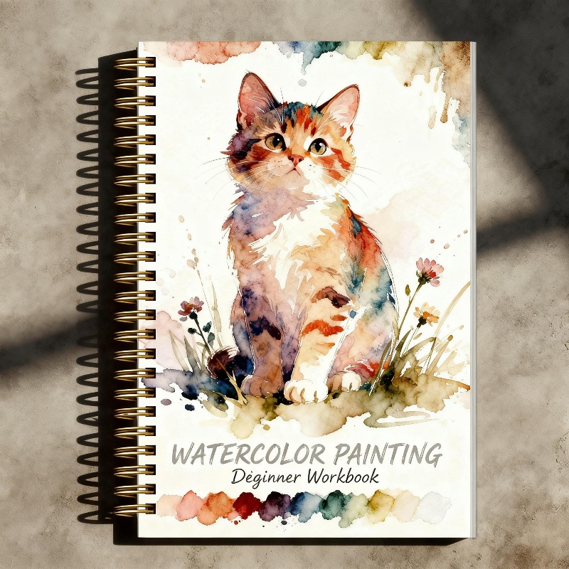 E-shop Ein 34-seitiges Tier-Aquarell-Übungsheft mit 16 Illustrationen, ein spiralgebundenes Aquarell-Skizzenbuch mit einem niedlichen Katzen-Thema,