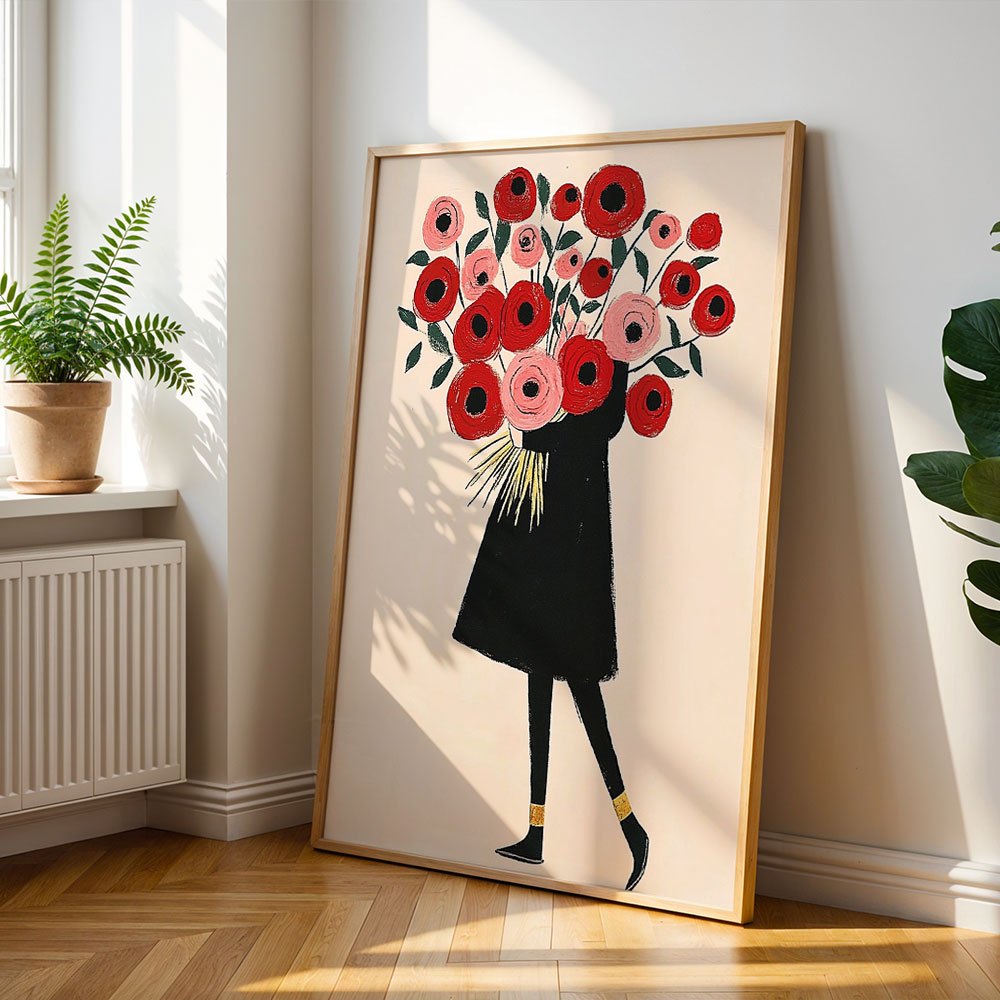 TEMU 2d Flat, Minimalist Poppy Flowers Woman Holding Bouquet Canvas - Horizontal Ink Floral Suitable For Living Room,, Housewarming Gifts, Birthday