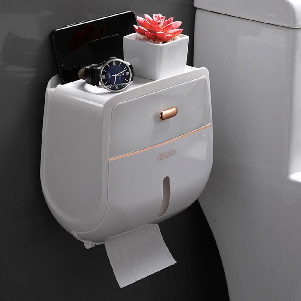 Adhesive Mounted Double Layer Tissue Holder With Drawer, Measuring 210 X 110 X 215 Mm, Suitable For Bathroom, Kitchen, And Home Use