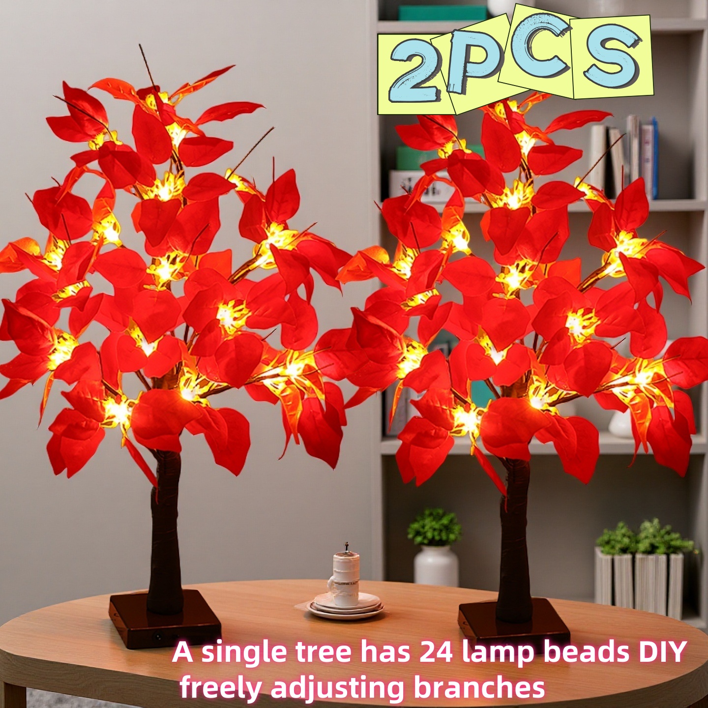 TEMU 2pcs 1.6ft Easter Decorative Lights, Spring Artificial Red Flower Tree Desktop Decoration, Table Lamp, And Wedding Light, Plastic Material With Diy Adjustable Branches, Easter Home Decoration