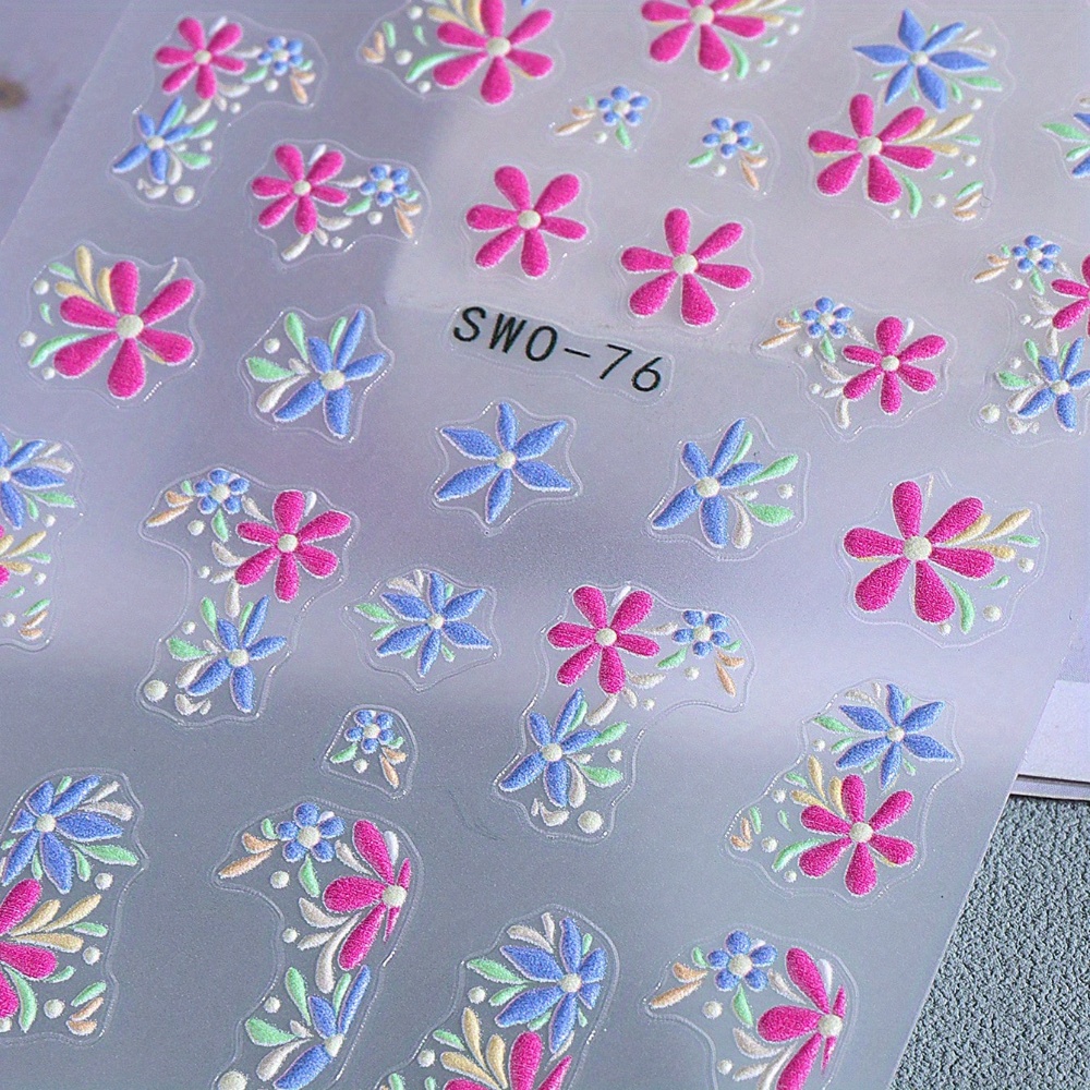1pc Colorful Floral Embossed Nail Stickers - Self-adhesive Nail Art Sliders With Flowers, Plastic Diy Nail Decorations For , Nail Art Stickers