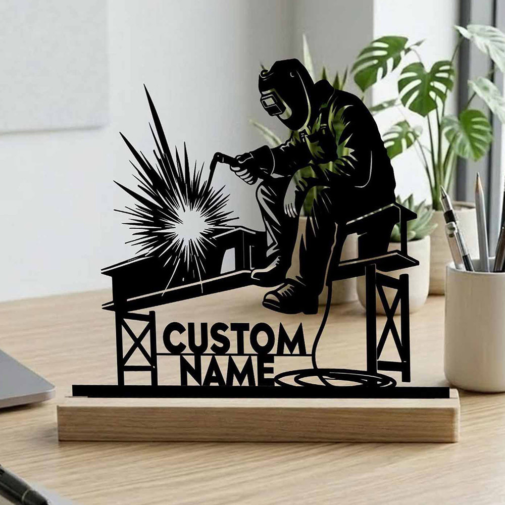 TEMU ??collectible Figurines??1pc Personalized Welder Metal Desk Decor With Wooden Base Custom Name Industrial Style Ornament For Home Office Garage